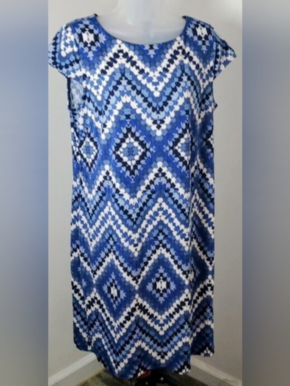 Sandra Darren Blue and White Geometric Dress